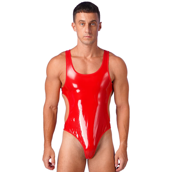 Front-facing model wearing a glossy red men's bodysuit with a scoop neck and side cutouts