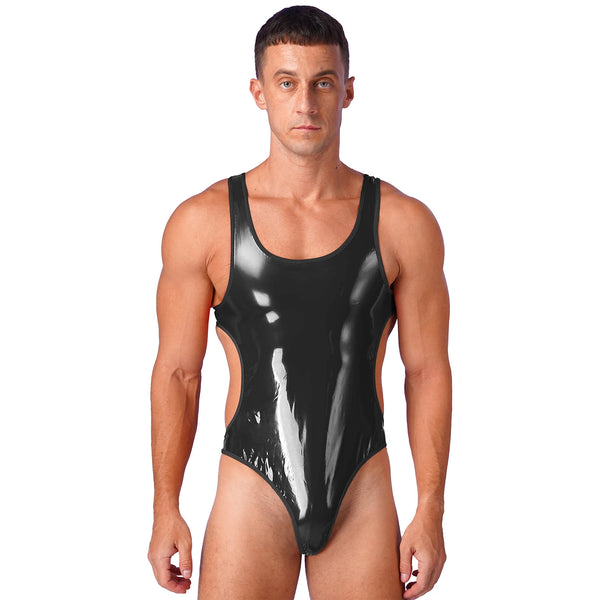 Front-facing model wearing a glossy black sleeveless bodysuit with side cutouts