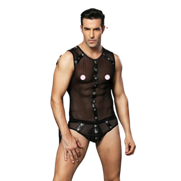 Front-facing model wearing a sheer black mesh vest and matching briefs with metal studs