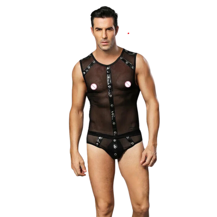 Front-facing model wearing a sheer black mesh sleeveless top and matching brief