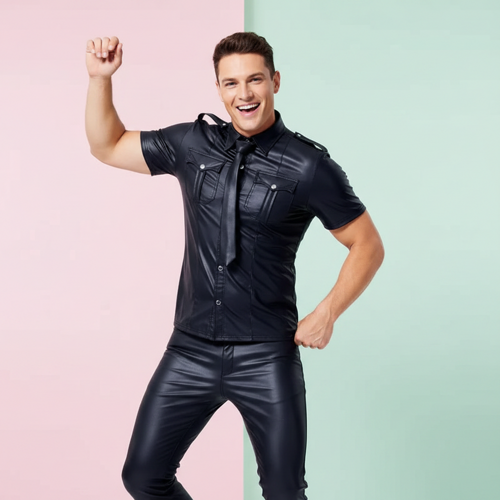 Smiling model wearing a fitted black faux-leather shirt with tie and chest pockets