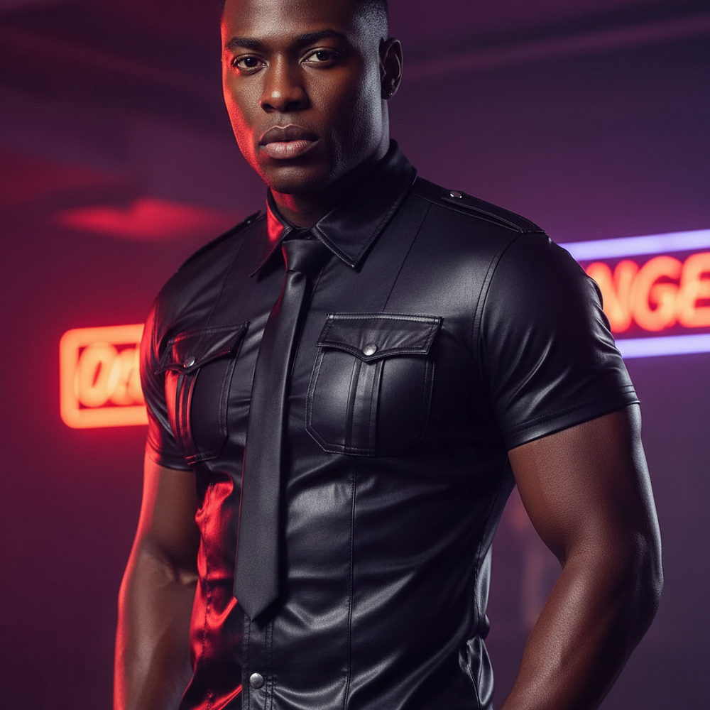 Model wearing a fitted black leather-look shirt with tie and flap chest pockets