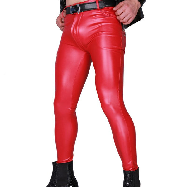 Front view of a model wearing glossy red skinny faux-leather pants with black boots