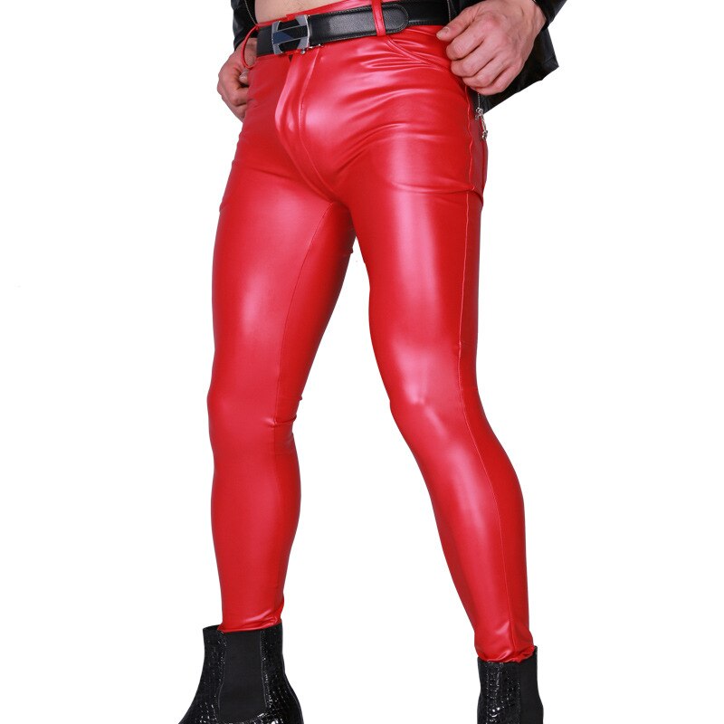 Front view of a model wearing glossy red skinny faux-leather pants with black boots