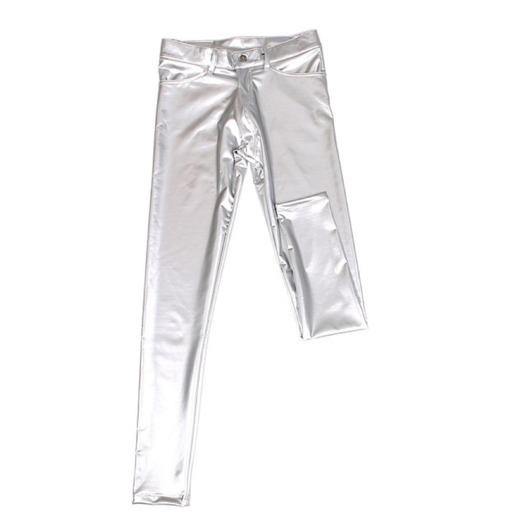 Front-facing flat lay of shiny silver skinny pants with five-pocket styling and a button fly