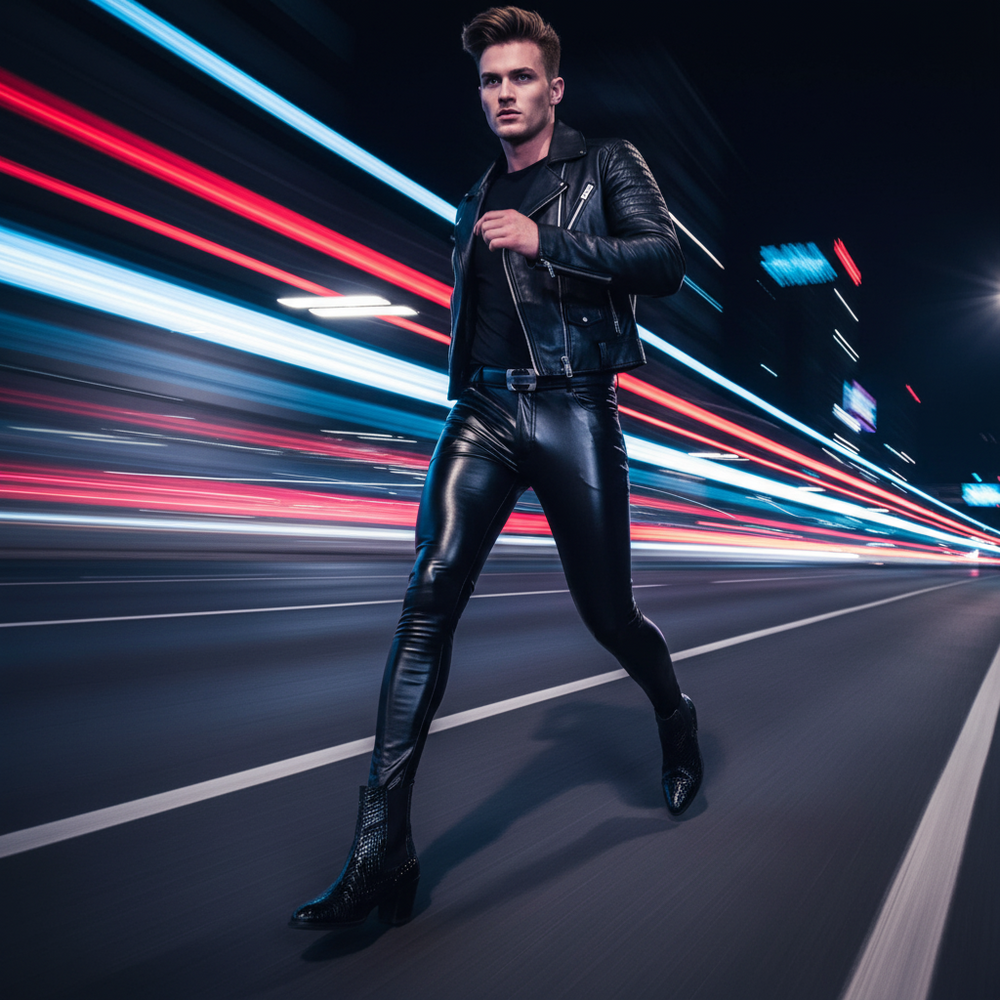Front view of a person modeling glossy black skinny faux-leather pants on a lit roadway