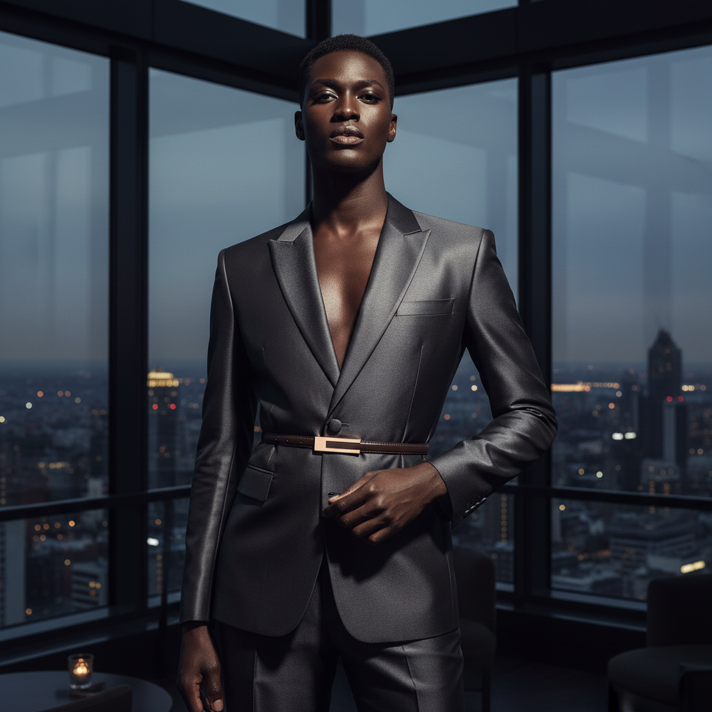 Model wearing a slim dark leather cincher belt over a charcoal suit jacket