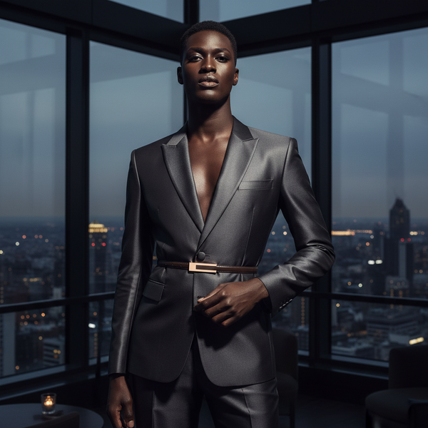 Model wearing a slim dark leather cincher belt over a charcoal suit jacket