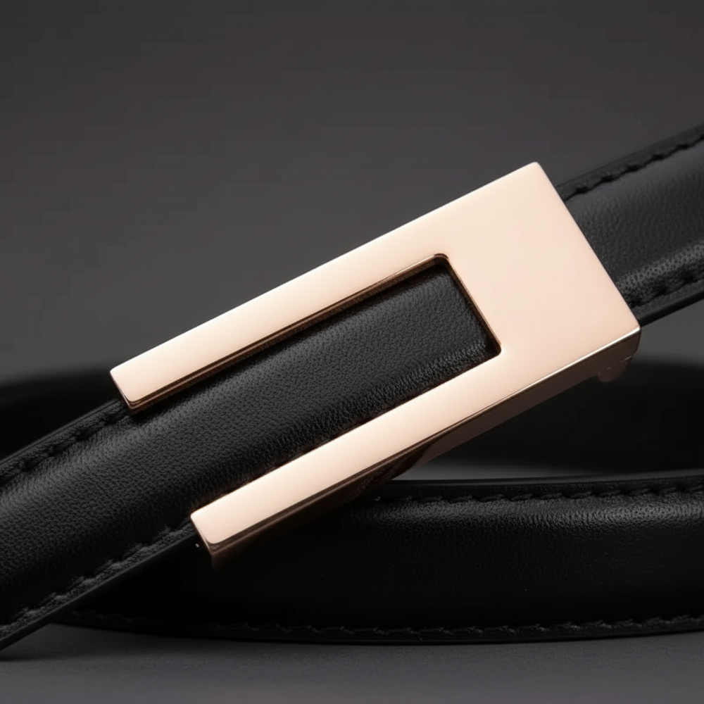 Close-up of a black leather belt with a rose-gold rectangular buckle
