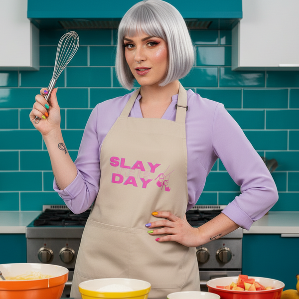 Person in a beige “SLAY THE DAY” apron holds a whisk in a colorful kitchen