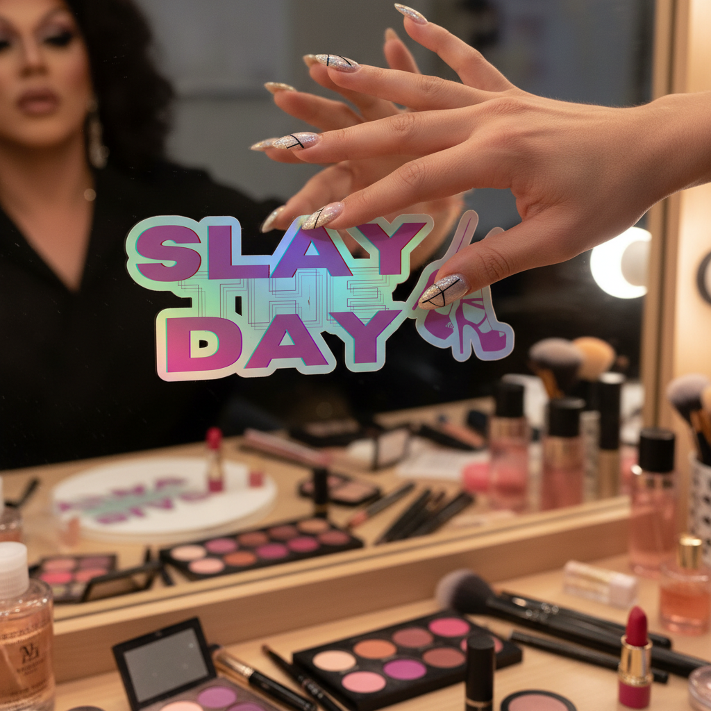 Mirror with “Slay The Day” holographic stickers, geometric nail art on a manicured hand, makeup scattered on a vanity