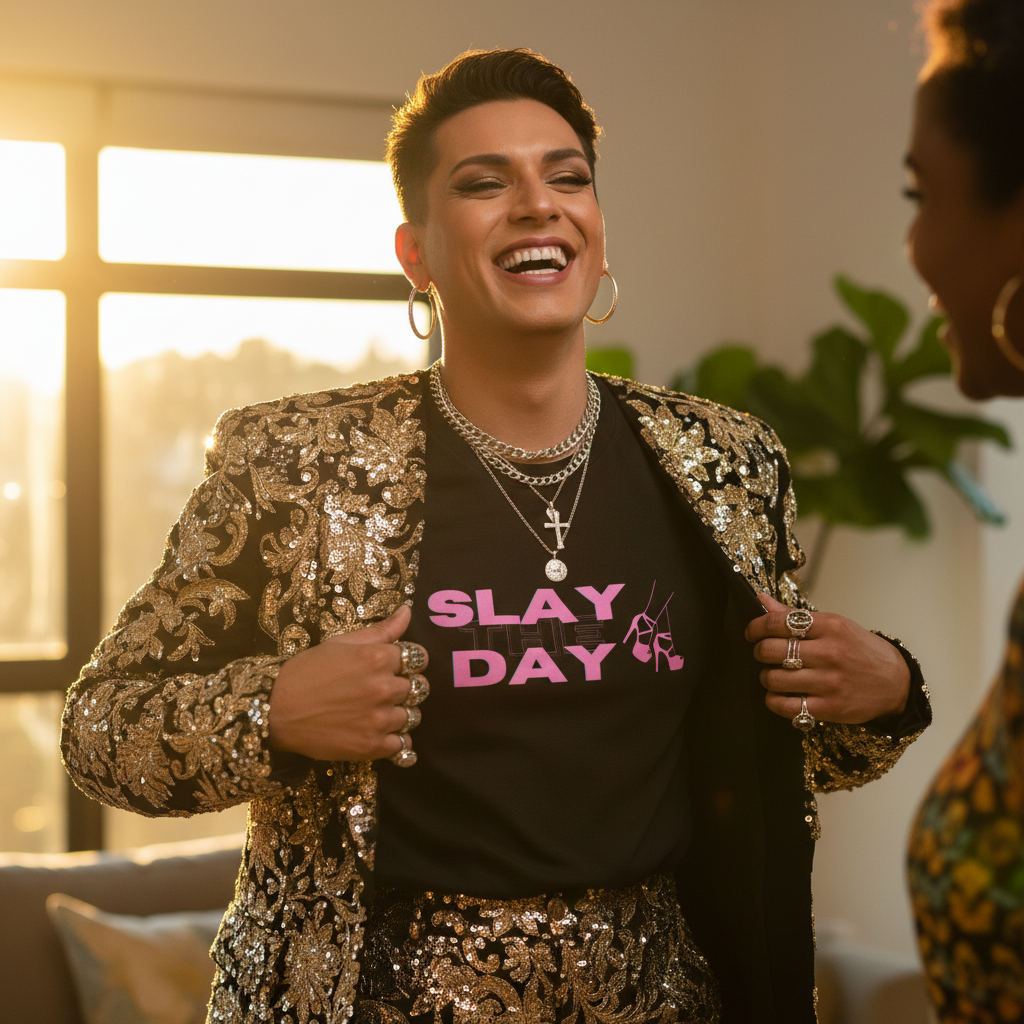 “Slay the Day” unisex T-shirt in vibrant pink text, rocked under a glittery gold sequin suit; layered jewelry, sunlight