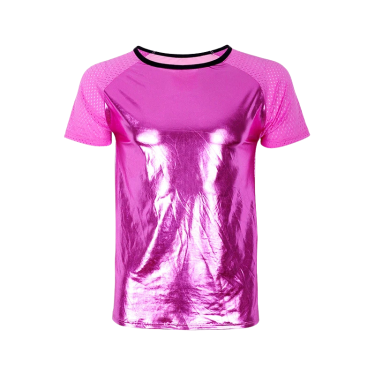 Front view of a bright pink metallic short-sleeve T-shirt with textured mesh sleeves