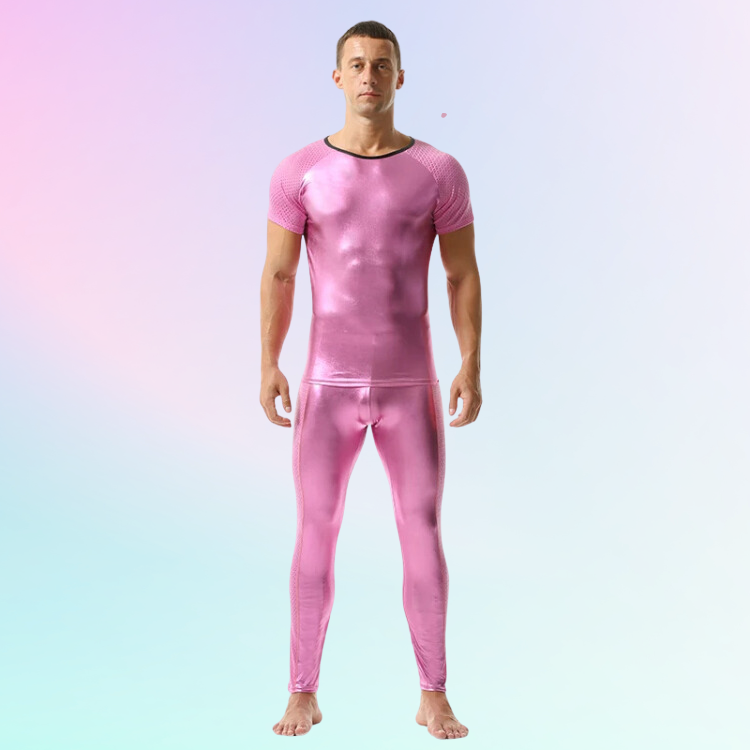 Front-facing model wearing a metallic pink fitted tee and matching leggings