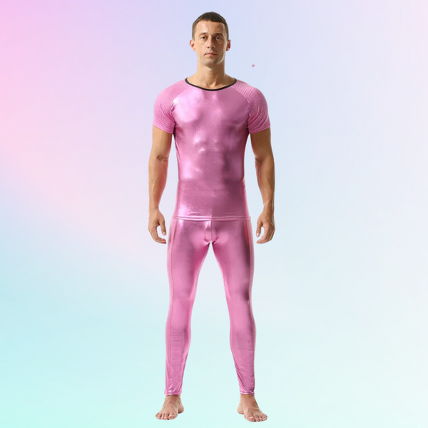 Front-facing model wearing a metallic pink fitted tee and matching leggings