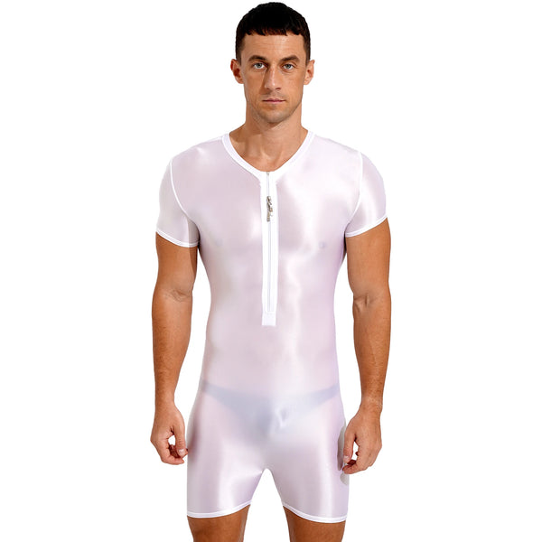 Front view of a person wearing a shiny white short-sleeve bodysuit with a front zipper