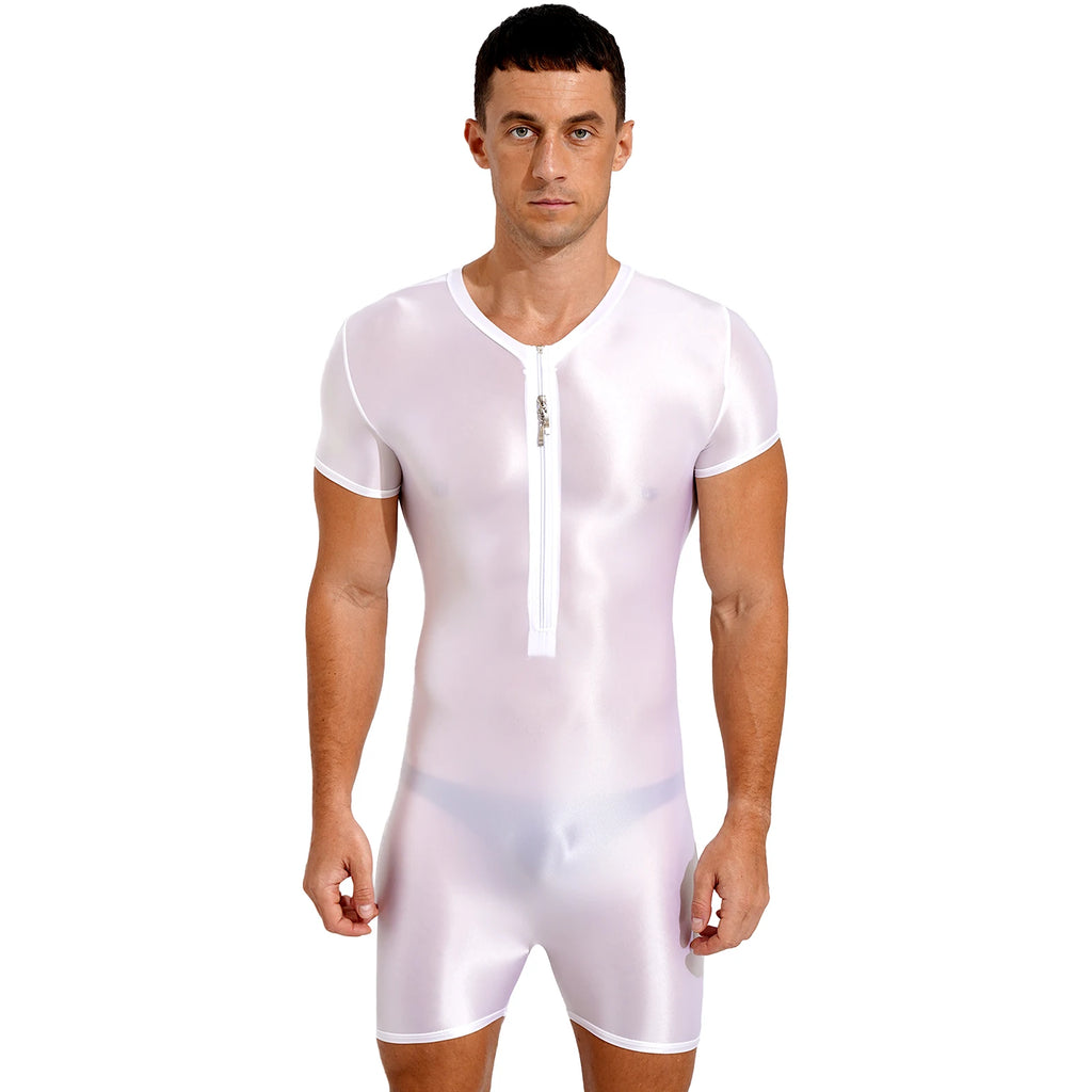 Front view of a person wearing a shiny white short-sleeve bodysuit with a front zipper