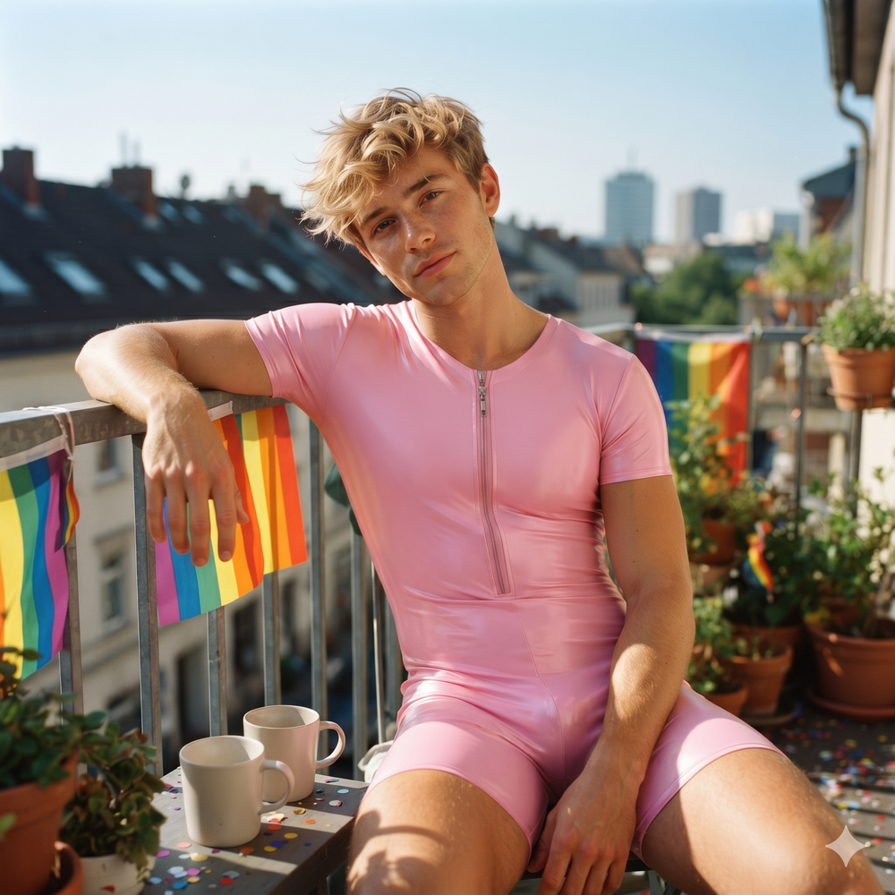 Front view of a person in a pink short-sleeve zip-front bodysuit on a balcony