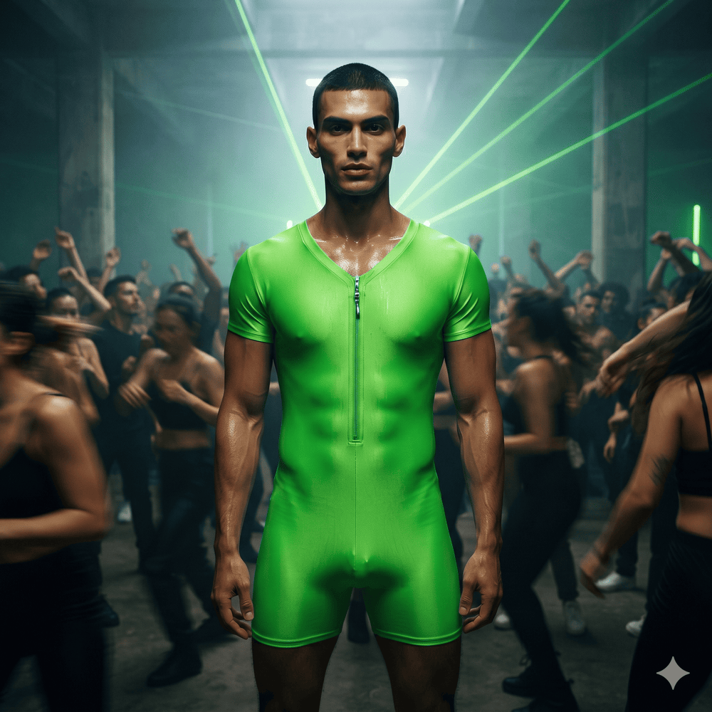 Front-facing model wearing a neon green short-sleeve zip-front bodysuit at a crowded dance event