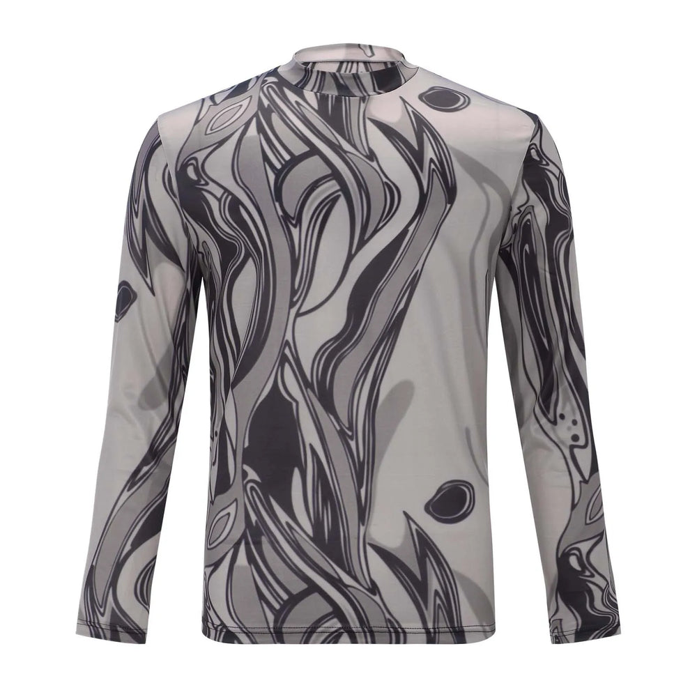 Front view of a sheer long-sleeve mock-neck shirt with a black abstract swirl print
