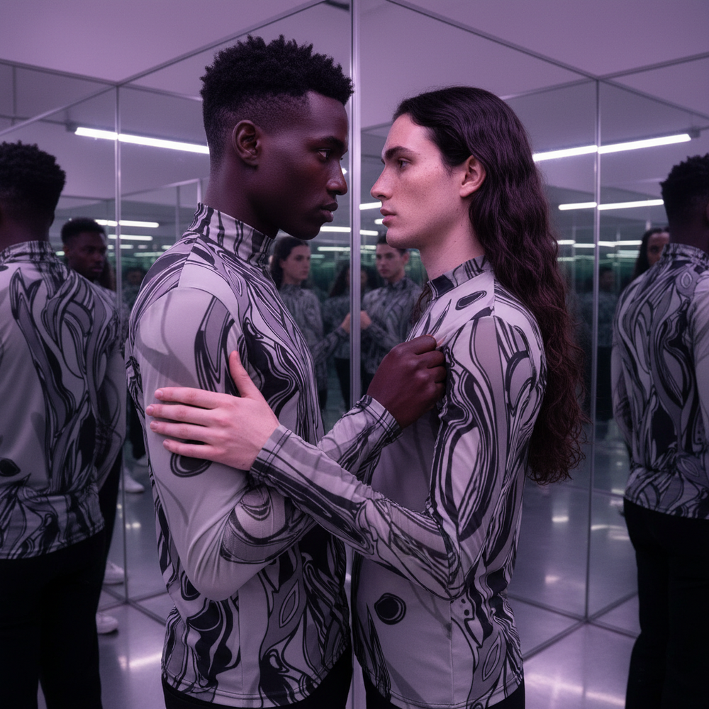 Two models face each other in matching semi-transparent, abstract-print turtleneck tops in a mirrored room