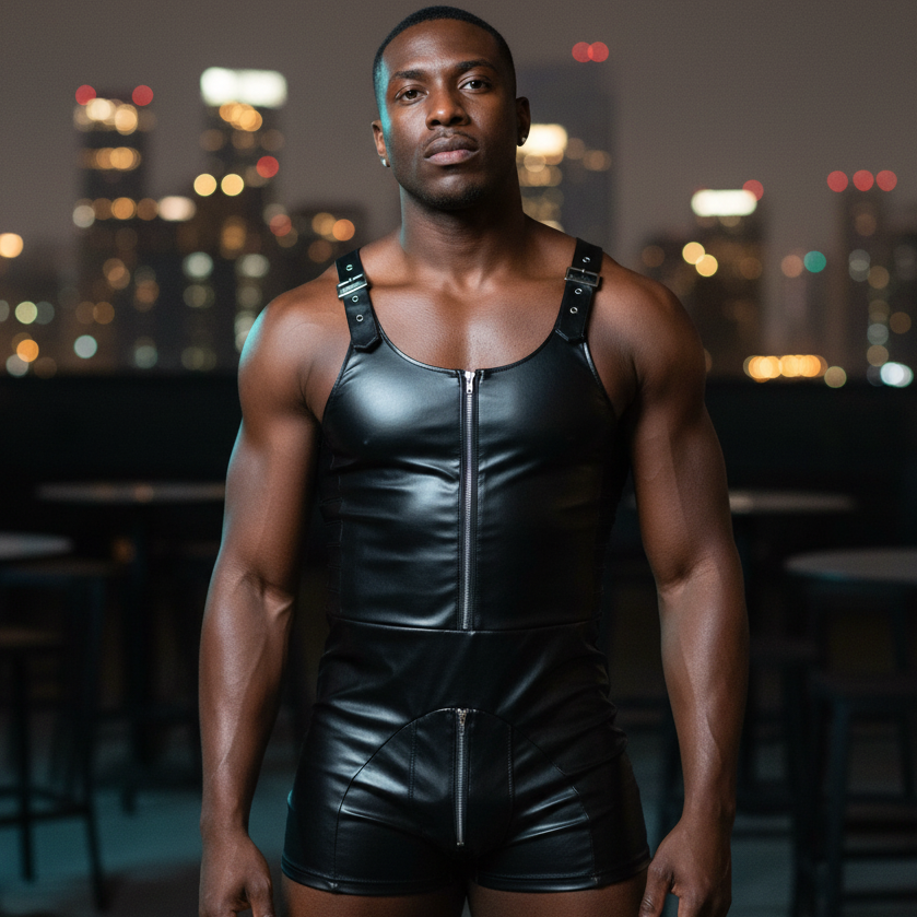 Sleeveless Open Crotch Faux Jumpsuit on a muscular person