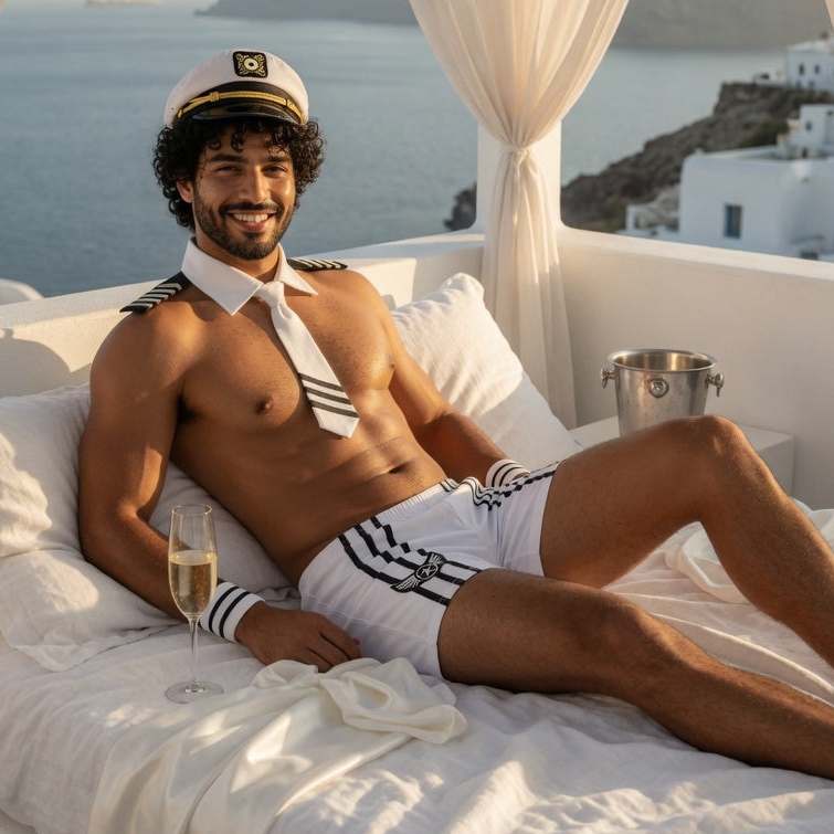 Smiling person in a white sailor cap, necktie, briefs, and striped wrist cuffs reclining on a bed