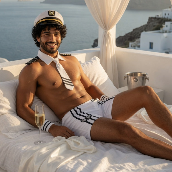 Smiling person in a white sailor cap, necktie, briefs, and striped wrist cuffs reclining on a bed