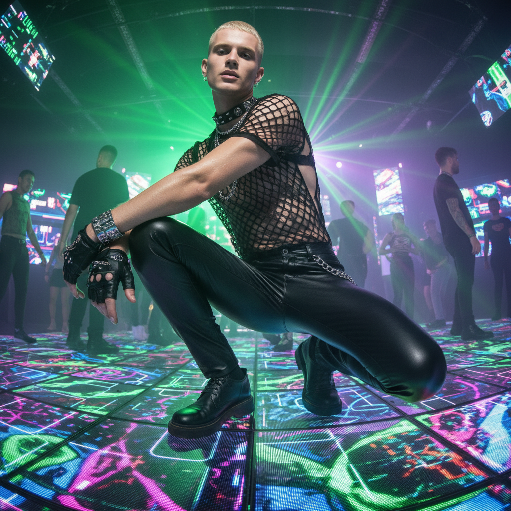 Model crouching in a nightclub wearing slim black leather-look pants