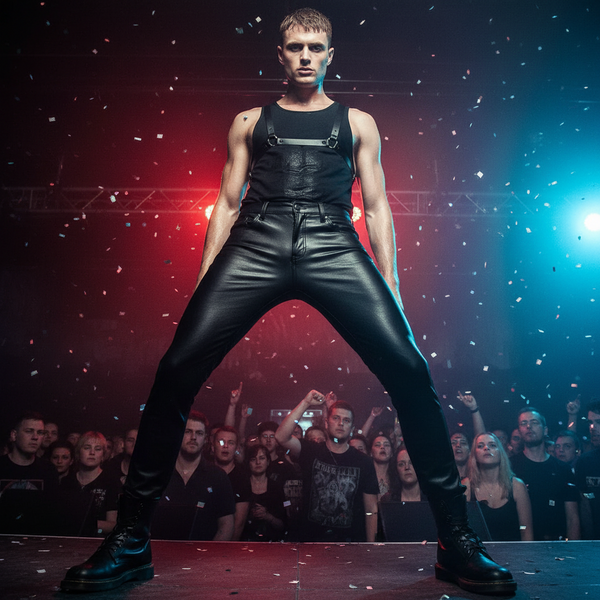 Front-facing model wearing black faux leather pants on a confetti-covered concert stage