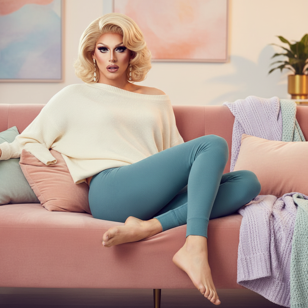Blonde model reclining on a pink sofa in teal slim-fit leggings and an oversized sweater
