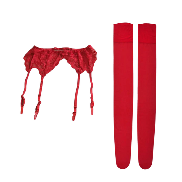 Red lace garter belt with four straps beside matching red thigh-high stockings