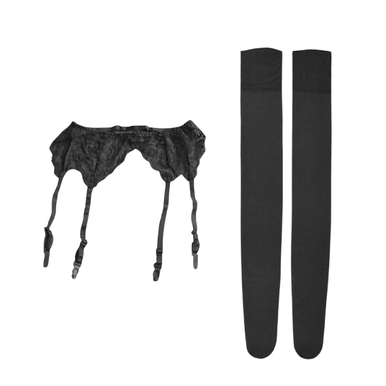 Black lace garter belt with four hanging straps beside a pair of thigh-high stockings