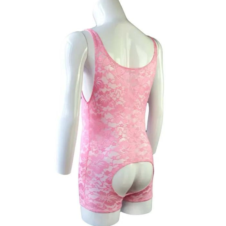 Rear three-quarter view of a pink floral lace bodysuit with a large oval cutout