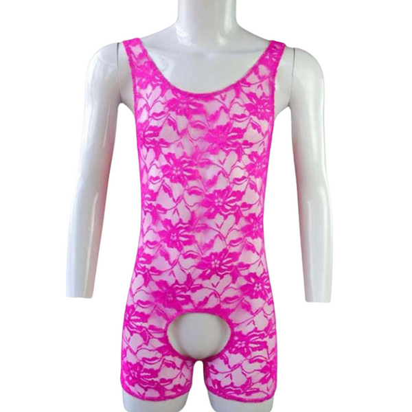 Front-view white mannequin wearing a hot-pink floral lace lingerie bodysuit with an open crotch