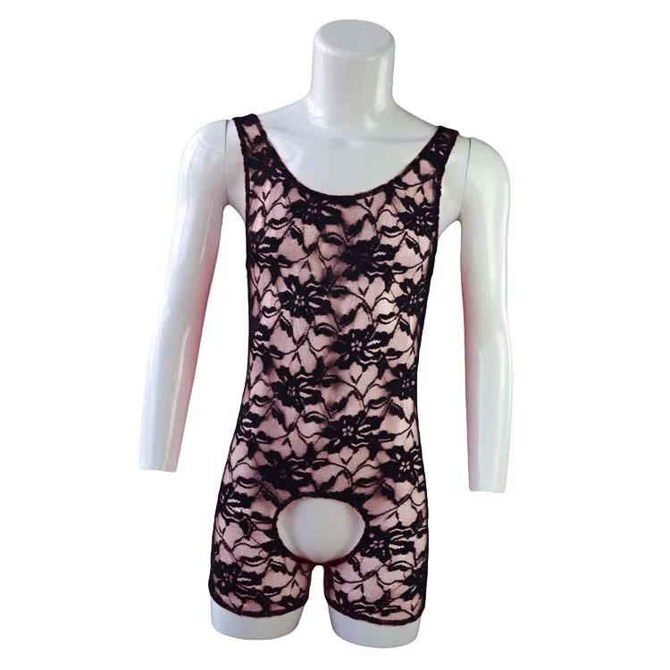 Front view of a black floral lace bodysuit with a round open crotch on a white mannequin