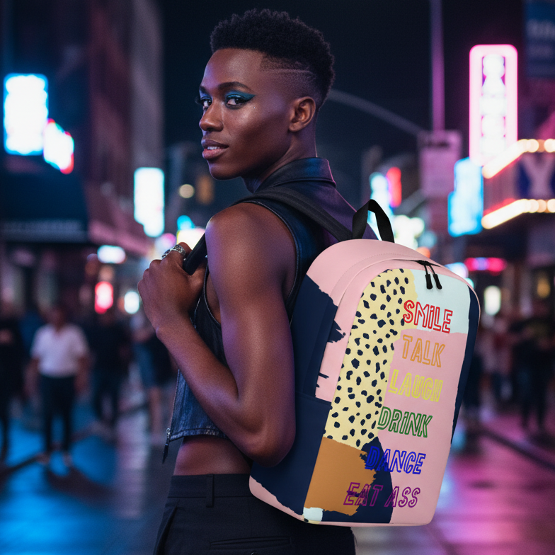 Smile, Talk, Laugh, Drink, Dance, Eat Ass Minimalist Backpack slung over the shoulder of a bold short-haired queer