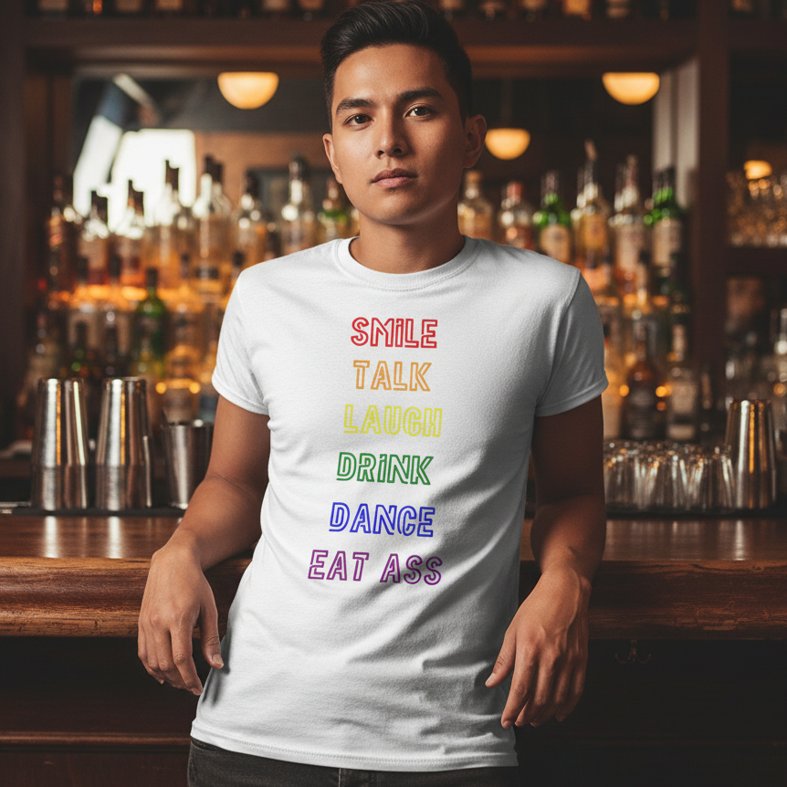 Smile, Talk, Laugh, Drink, Dance, Eat Ass tee in bright colors worn by a person at a cozy bar lined with bottles