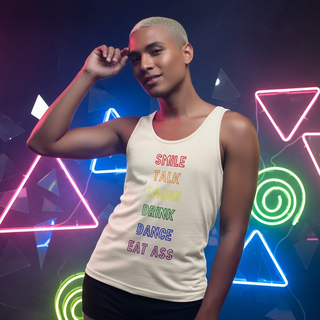 Unisex tank top in cream with bold rainbow lettering: "Smile, Talk, Laugh, Drink, Dance, Eat Ass." Queer joy energy.