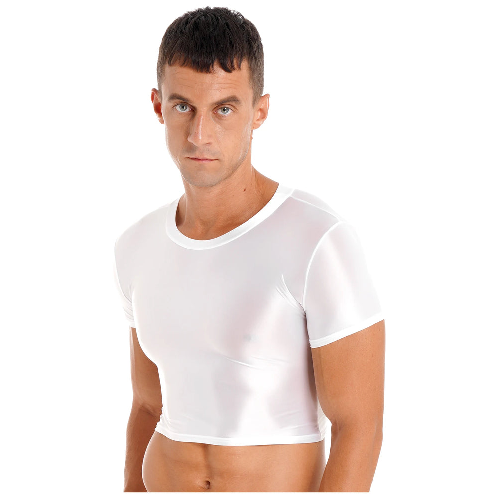 Front three-quarter view of a person wearing a fitted white short-sleeve crop top
