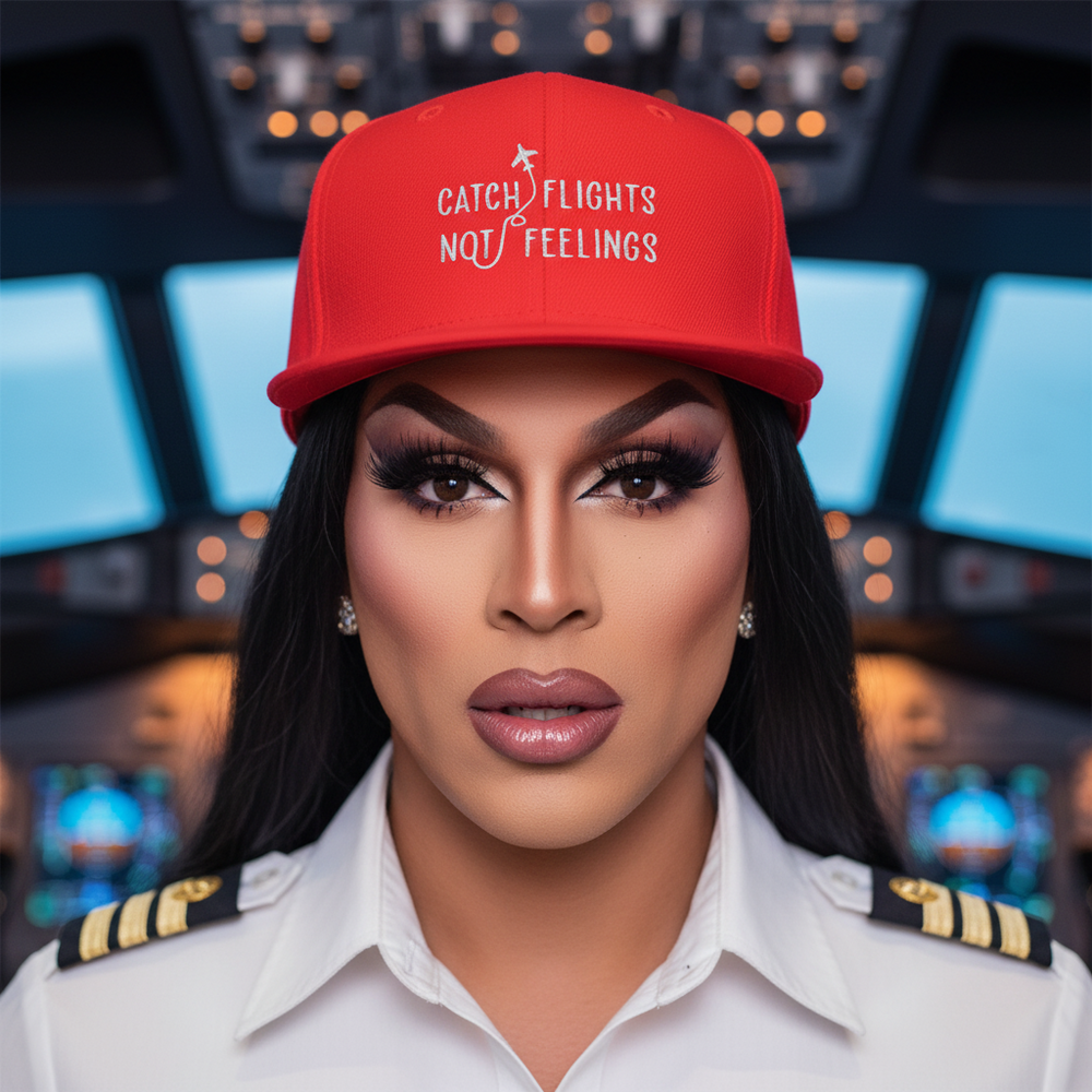 Catch Flights Not Feelings snapback hat on a bold, femme-presenting person in pilot gear, rocking dramatic makeup in cockpit.