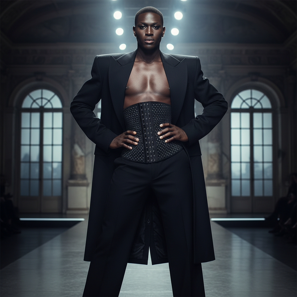 Model on runway in striking black coat and pants, bare-chested under a Snatched Darling Men's Slimming Corset