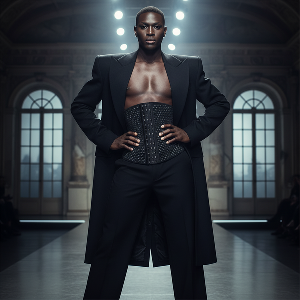Model on runway in striking black coat and pants, bare-chested under a Snatched Darling Men's Slimming Corset