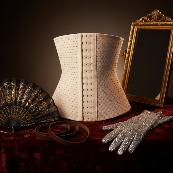 Ivory men's waist-cinching corset displayed upright with hooks, belt, fan, gloves, and mirror