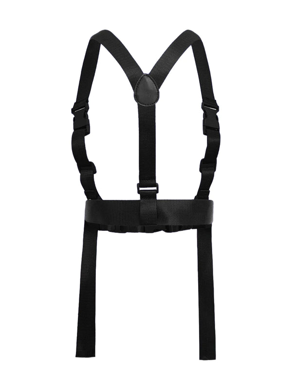 Front-facing black body harness with adjustable straps, buckles, and long lower straps
