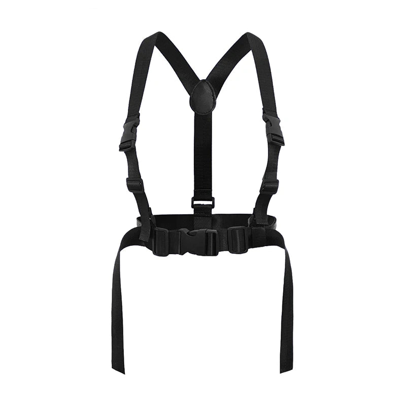 Front-facing black body harness with shoulder straps, buckles, and two long hanging straps