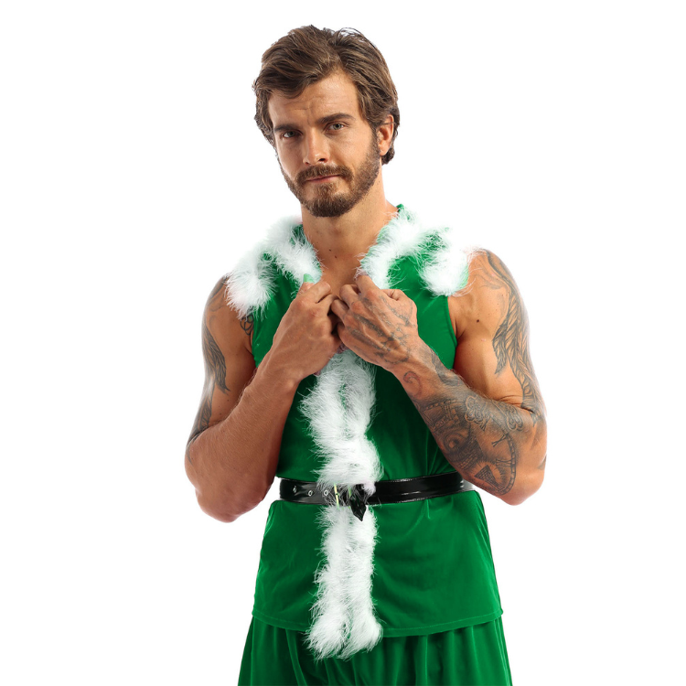 Front-facing person wearing a green velvet Christmas outfit with white faux-fur trim and belt