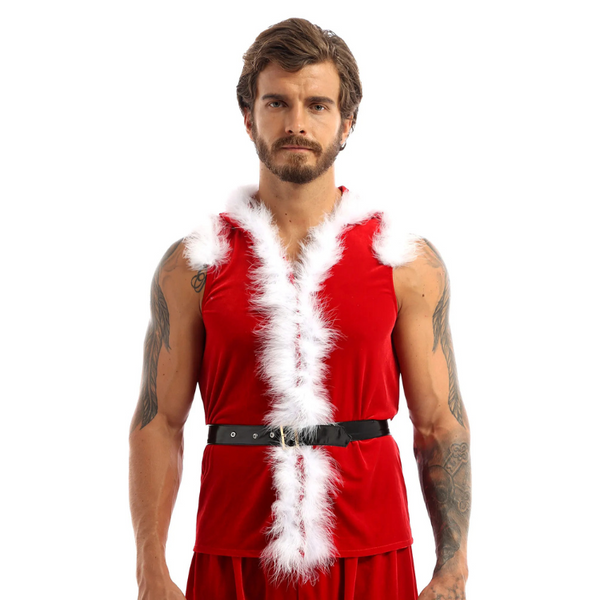 Front-facing model wearing a red velvet Santa outfit with white faux-fur trim and black belt