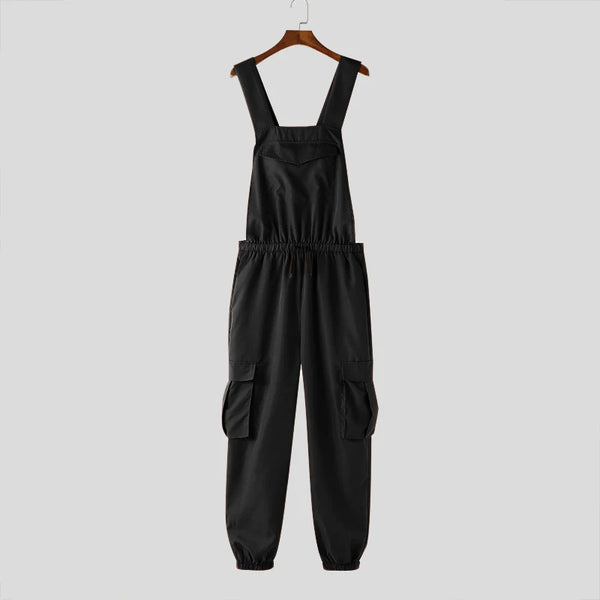 Black cargo overalls with adjustable shoulder straps, elastic waist and multiple utility pockets