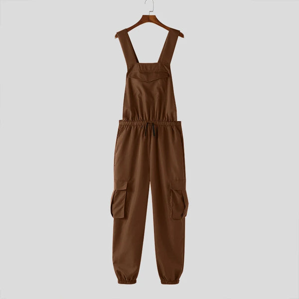 Brown cargo overalls with adjustable shoulder straps, drawstring waist, and large utility pockets